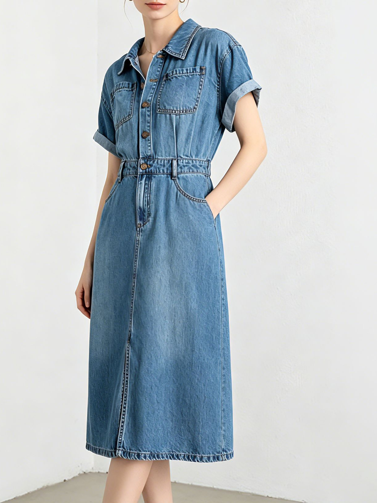 Đầm maxi nữ thắt eo chất liệu denim phối tơ acetate mềm mại, không bí bách — xanh lam