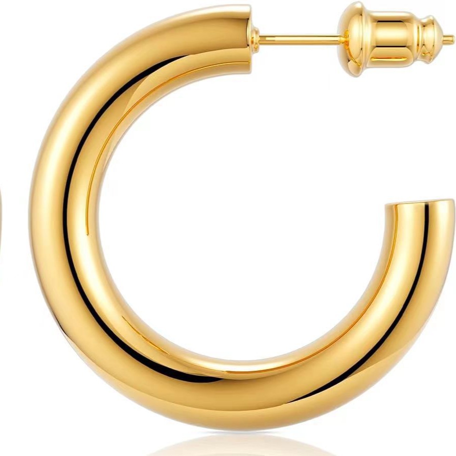 欧美风18K金色圆圈耳环圈高级感环保黄铜耳钉小众复古气质耳饰