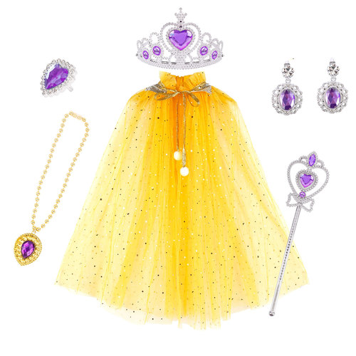 New model for children and girls to play princess, colorful cloak, magic wand, female crown, queen necklace, earrings and rings, six-piece set