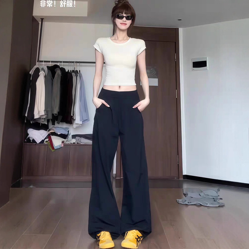 黑色工装裤女夏薄款美式直筒阔腿裤宽松垂感休闲小个子速干运动裤|undefined