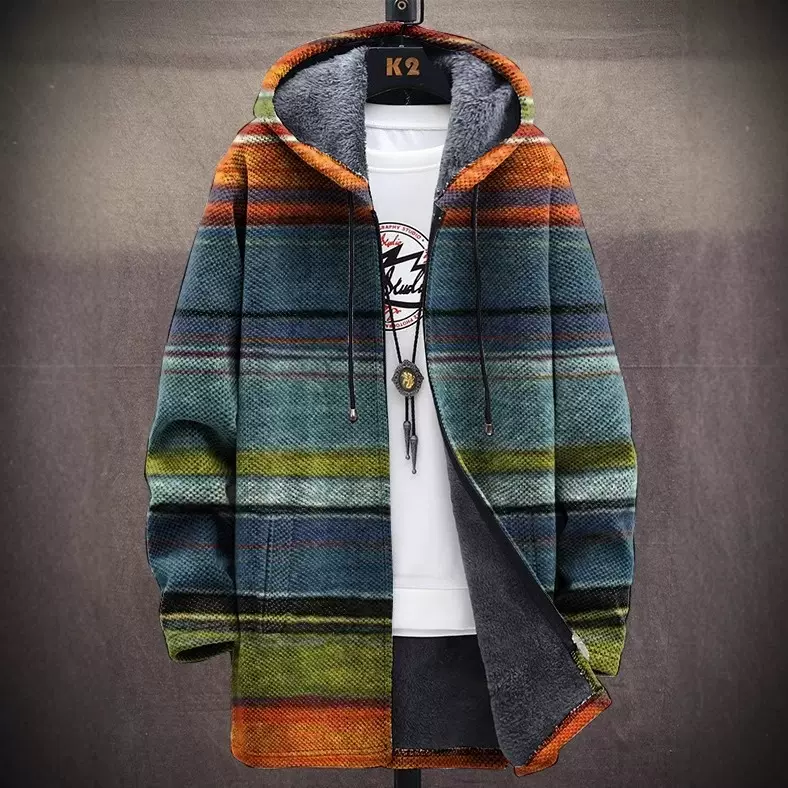 2024冬季新款时尚数码印花加绒男外套跨境 休闲男士拉链连帽开衫