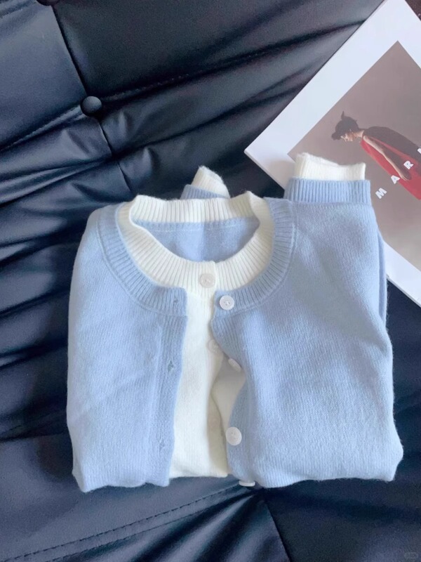 法式小香风蓝色假两件针织开衫女早秋新款韩系穿搭纽扣慵懒风毛衣|undefined