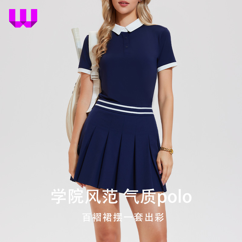POLO short-sleeve pleated skirt suit for women, summer outdoor golf T-shirt, casual slimming tennis wear, sports two-piece set