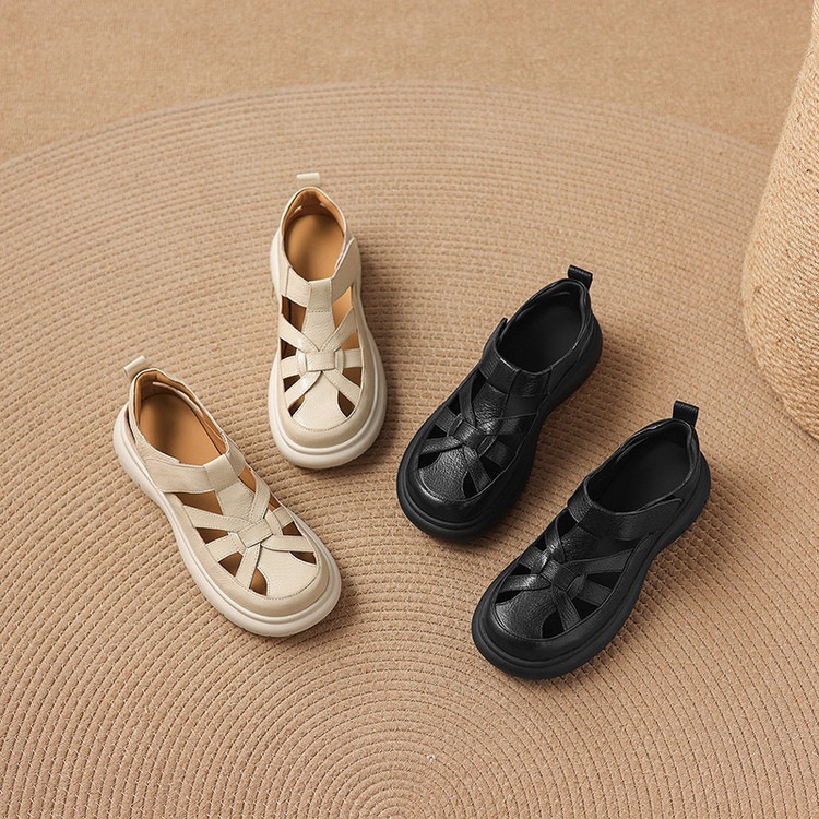 Sandal nữ đế dày da cừu phối quai ngang phong cách học đường — màu đen, màu trắng ngà chi tiết 59