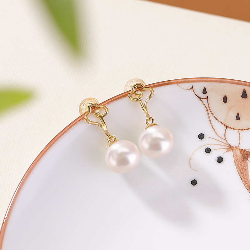 Khuyên tai bạc S925 mạ vàng đính đá hổ phách, ngọc trai, họa tiết mây lành – phong cách Tân Trung Hoa — Màu hổ phách