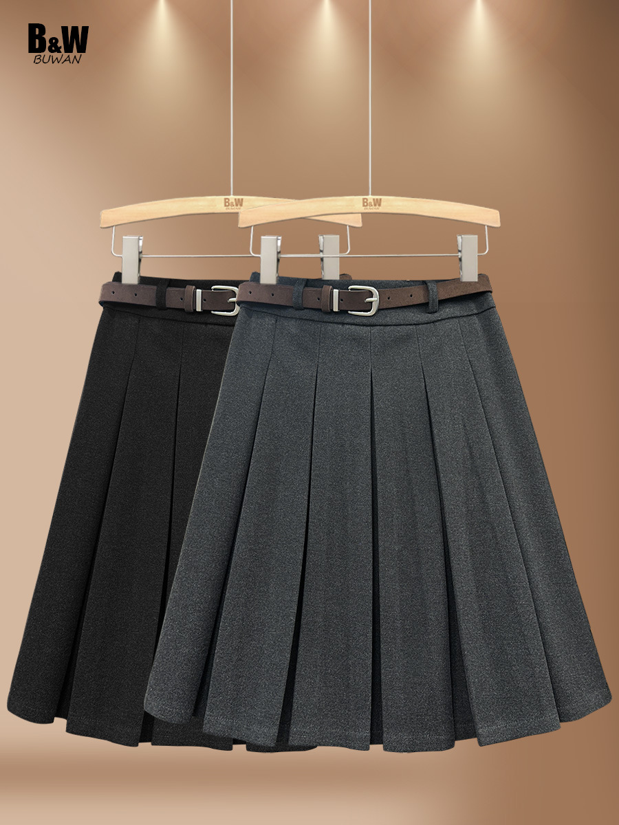 Woolen demi-season solid fitted long pleated skirt, high waist, mid-length