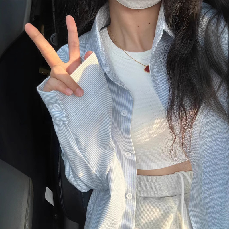 Pinstripe Summer Blue Shirt Long-sleeved 2025 Design Niche Loose All-match Shirt Base Top for Women