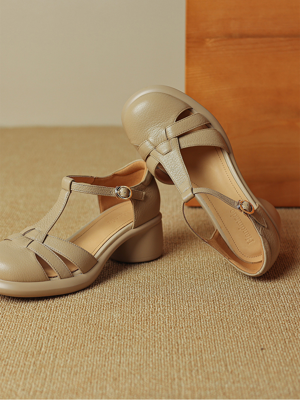 Sandal Mary Jane nữ đế dày gót vuông mũi tròn dệt kiểu La Mã — Màu trắng nhạt chi tiết 13