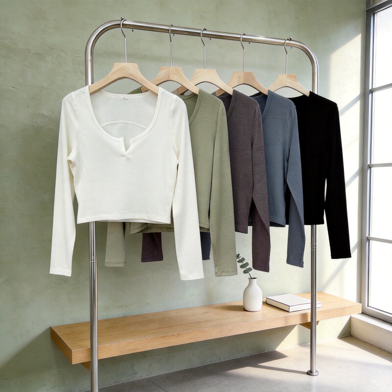 Lulu-Style Henry Collar Base Shirt Women's T-Shirt Spring Fashion Breathable Versatile Solid Color Top