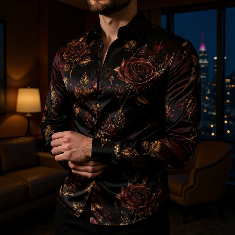 Cross-Border Amazon High-End Gold Digital Print Men's Long-Sleeve Shirt, Drapey Satin Casual Shirt for Men Cross-Border Amazon High-End Gold Digital Print Men's Long-Sleeve Shirt, Drapey Satin Casual Shirt for Men