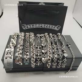 CH克罗心十字架船锚宝剑手链925纯银复古做旧字母童军花骰子跨境