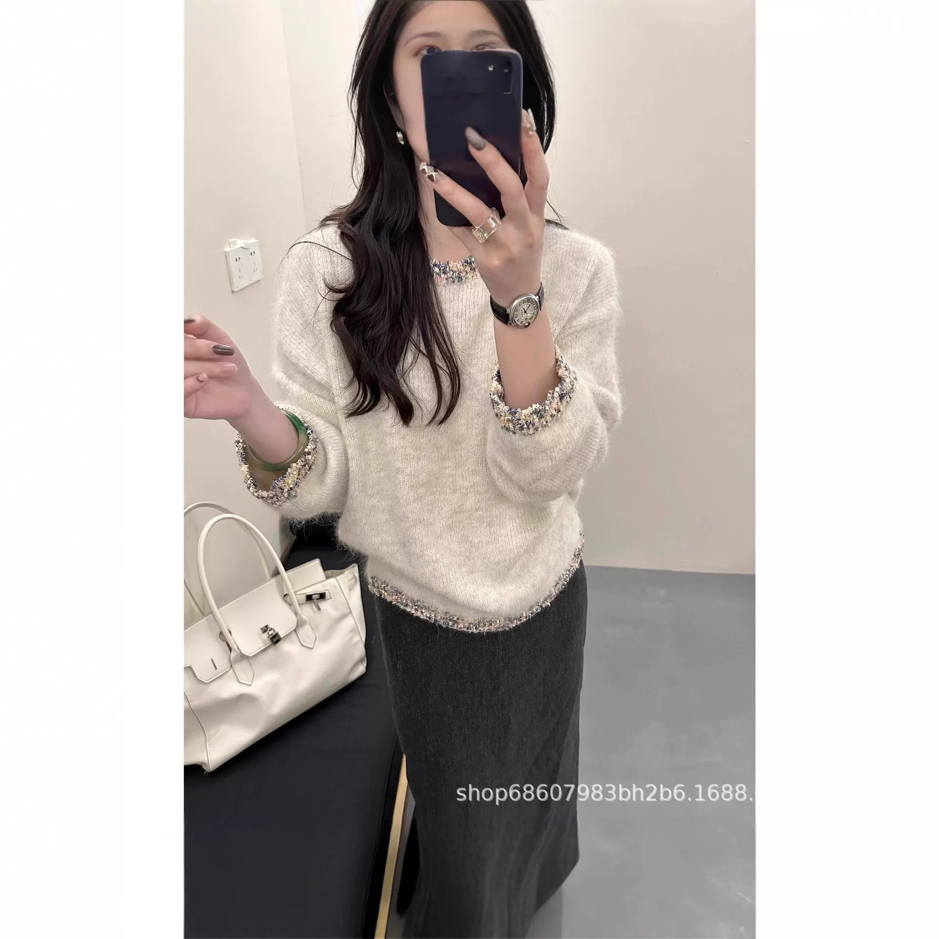 小香风拼接羊驼针织套头毛衣女慵懒风大版显瘦针织衫女2025年新款