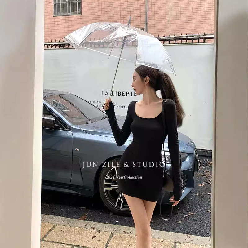 Hot Girl Slim-Fit Long-Sleeve T-Shirt Dress for Women 2026 Spring New Style Waist-Cinching Black Bodycon Dress U-Neck Short Skirt Hot Girl Slim-Fit Long-Sleeve T-Shirt Dress for Women 2026 Spring New Style Waist-Cinching Black Bodycon Dress U-Neck Short Skirt