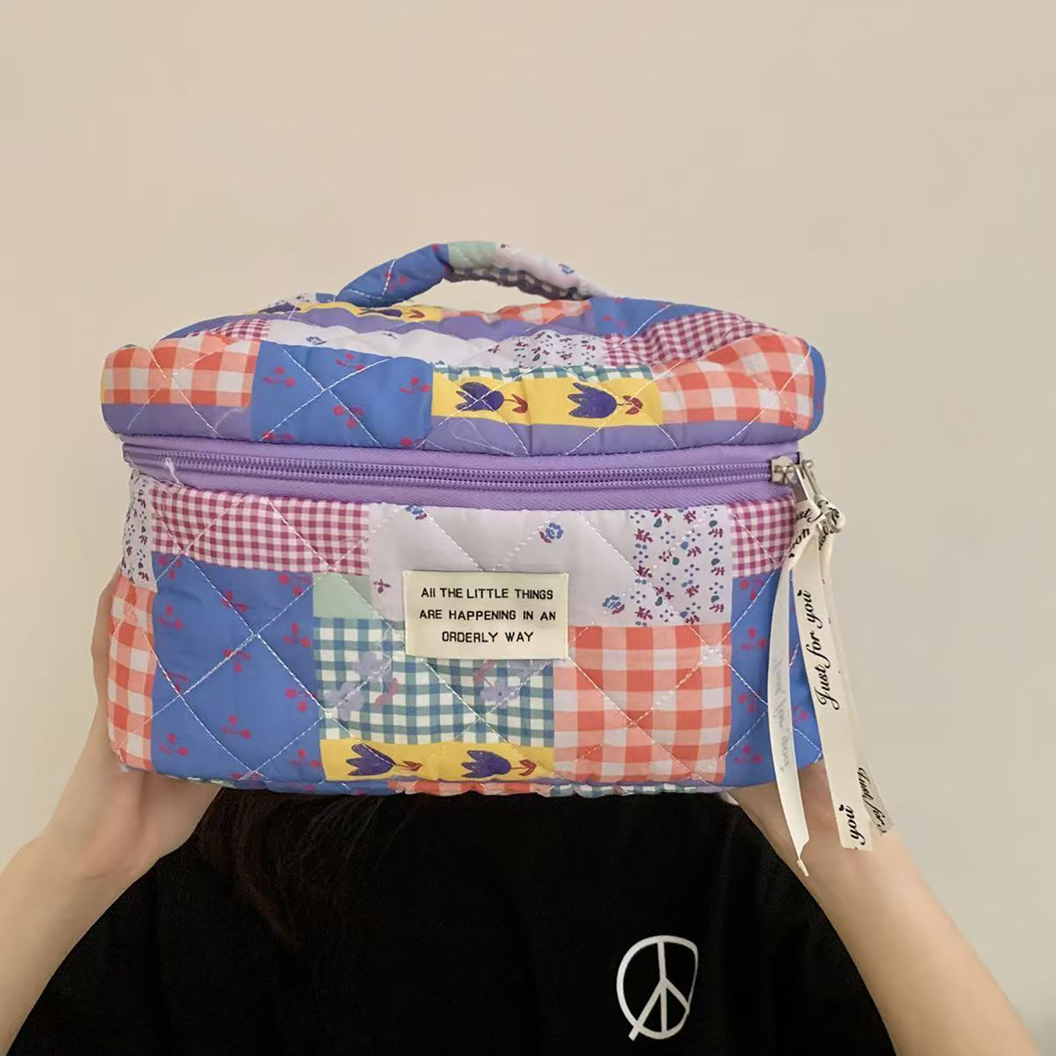 Color Block, Flower Pattern Cute Color Block Flower Polyester Sewing Thread Square Makeup Bags