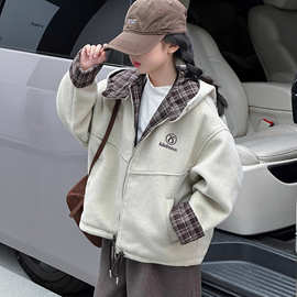 女童秋冬呢子外套2025新款女大童冬季休闲加厚连帽格子拼接毛呢潮