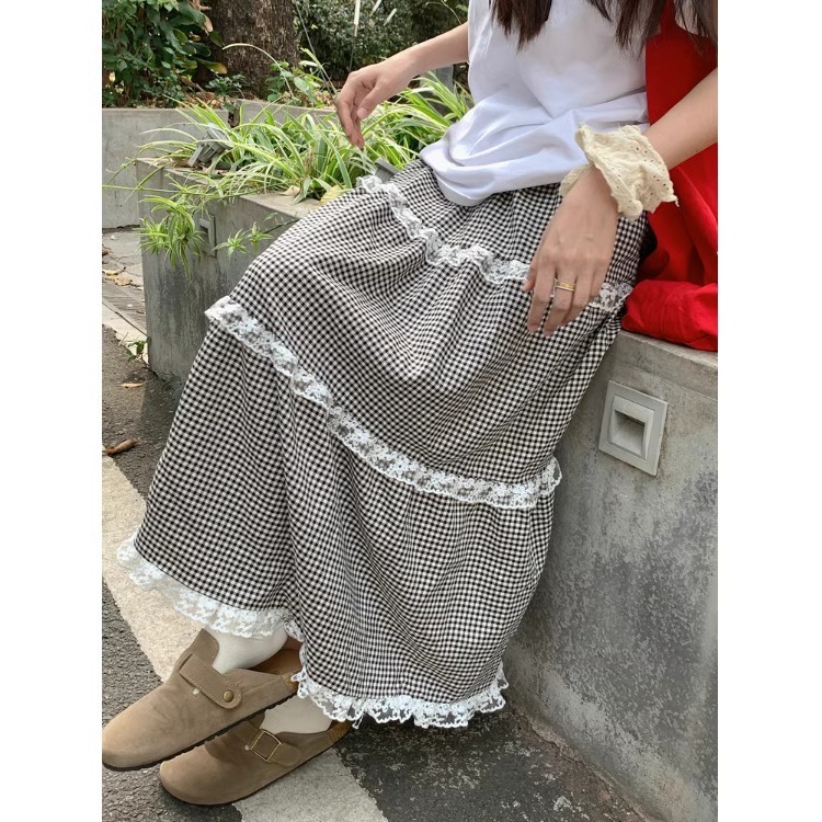 春夏新款日韩辣妹时尚复古休闲宽松蕾丝拼接高腰A字格子半身裙子