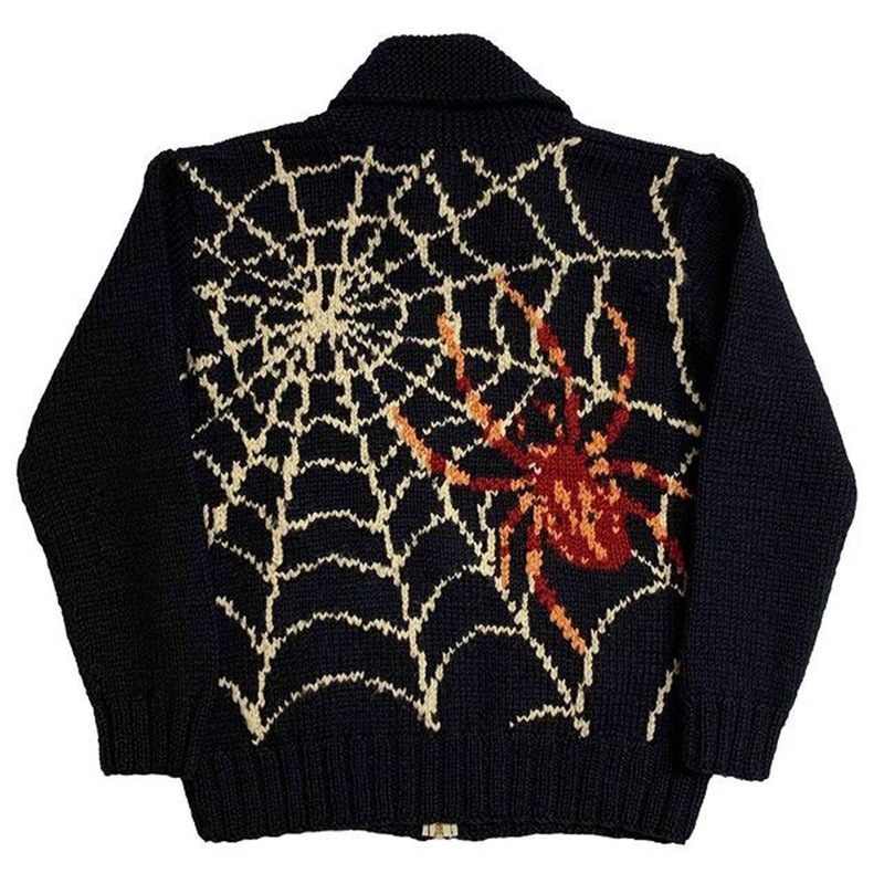 Herrenbekleidung Spinnen-Jacquard-Winterpullover für Herren und Damen, lässige Street-Style-Strickpullover mit Revers und langen Ärmeln_voghion.com