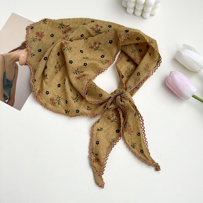 Pastoral viento de flores de encaje triángulo turbante de mujer de verano retrógrado francés de playa bufandas de seda protector solar correa de pelo