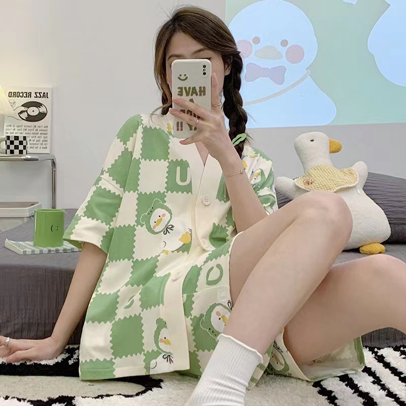 Pijamas para mujer verano lindo dibujos animados dulce traje de manga corta para mujer cárdigan suelto verano servicio a domicilio primavera y otoño
