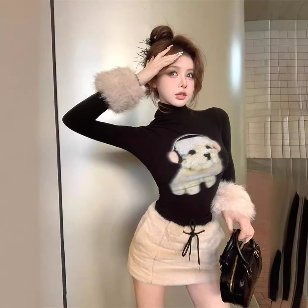 강아지 프린트 터틀넥 긴팔 티셔츠 여성용 가을과 겨울 미국 핫 걸 블랙 타이트 슬리밍 언더 셔츠 탑