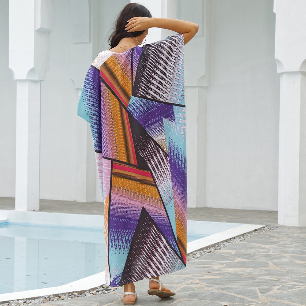 Blusa de playa colorido flor bloque de impresión vacaciones traje suelto bikini ropa de protección solar transfronteriza 5D27