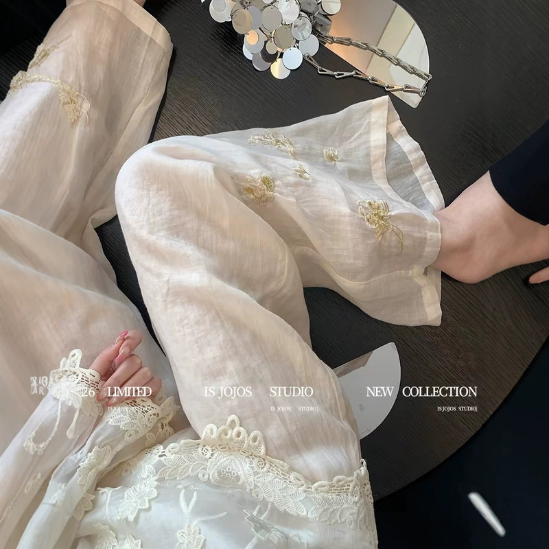Plus Size 150kg New Chinese Style Embroidered Wide-Leg Pants for Women, Loose and Casual