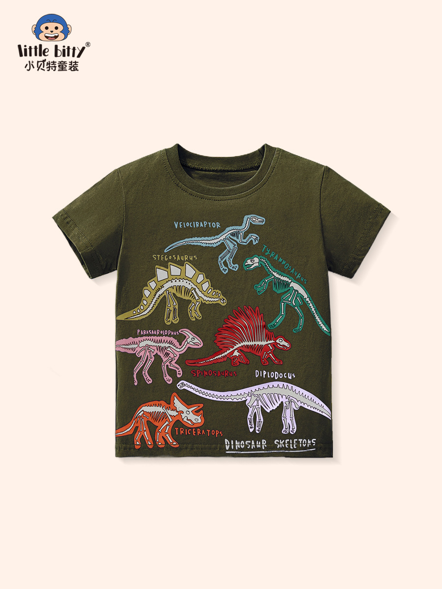 2025 Summer New Children's Cartoon Dinosaur Short-sleeved Top Clothing Boys Fashion Trend Luminous T-shirt