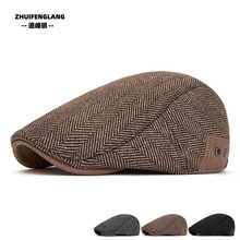 加厚护耳前进帽老年人冬天羊毛呢复古前进帽贝雷帽亚马逊报童帽男
