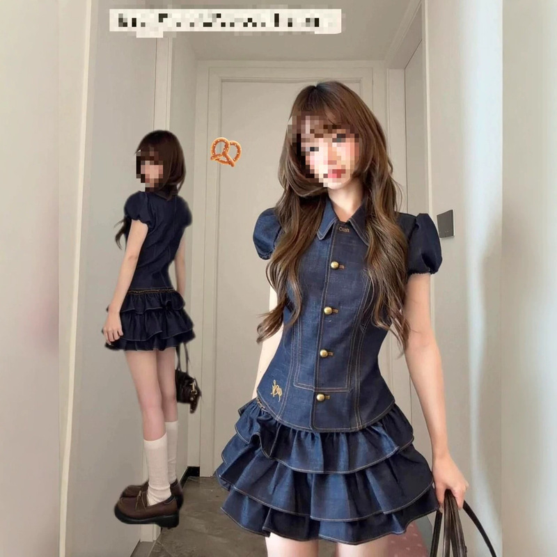 Women's Suit 2026 Summer New Korean College Style Doll Collar Imitation Denim Short Sleeve Shirt High Waist Layered Skirt