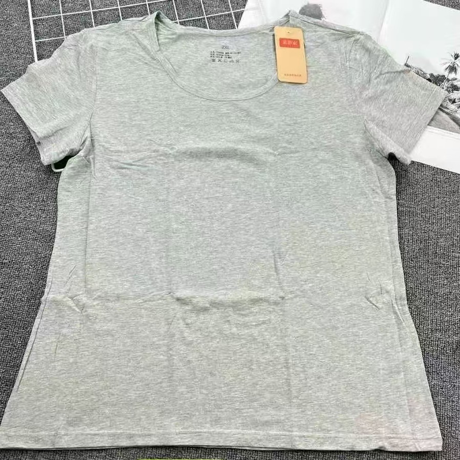 C16B # Inventario a bajo precio de las mujeres de alta calidad de manga corta de algodón puro de todo fósforo top cuello redondo ropa cómoda y transpirable