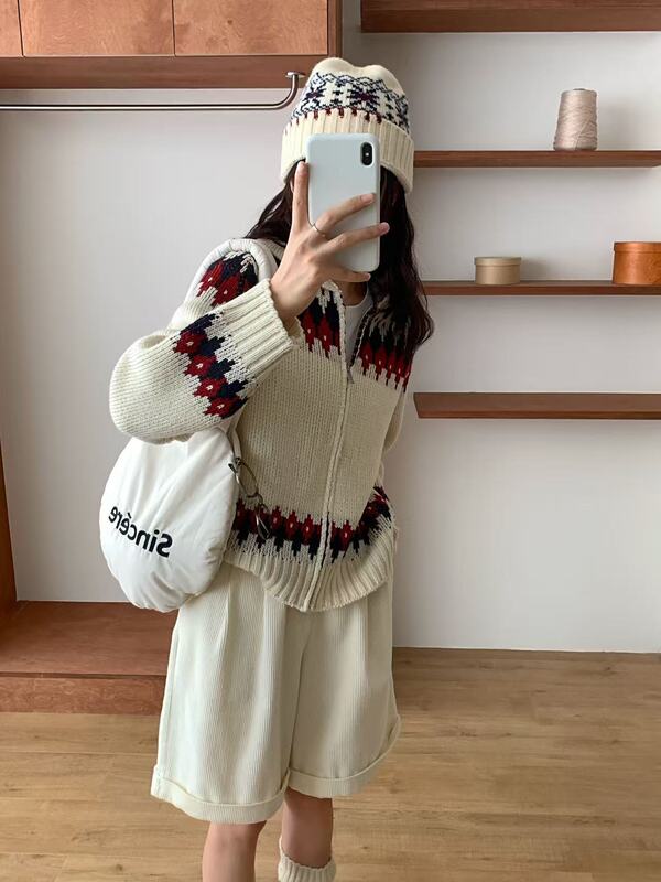 复古文艺费尔岛毛衣外套女减龄少女翻领针织开衫韩版秋冬拉链开衫|undefined