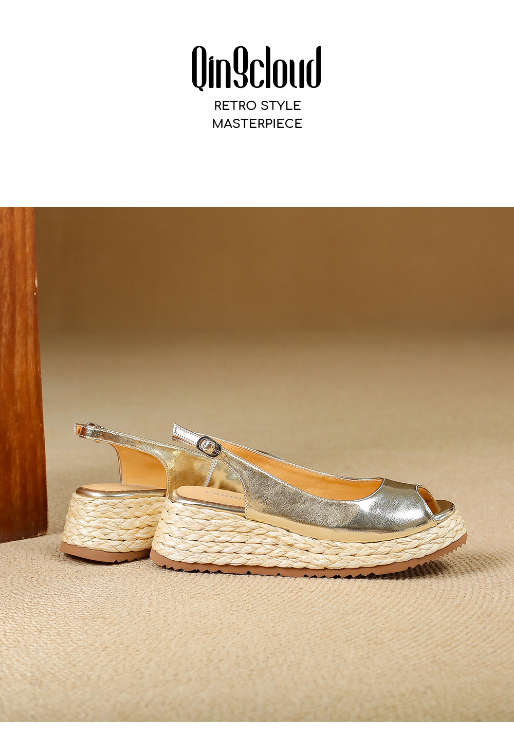 Sandal cao gót nữ mũi hở đế xuồng đan rơm — màu vàng, bạc chi tiết 13