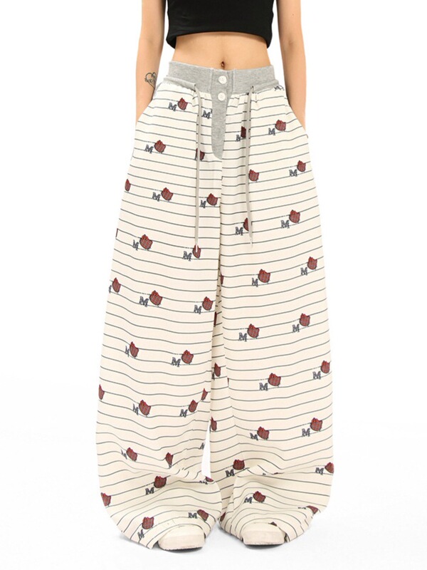 Women's 2025 Autumn New American Cartoon Hello Kitty High Waist Drapey Loose Casual Straight-Leg Lazy Style Pants