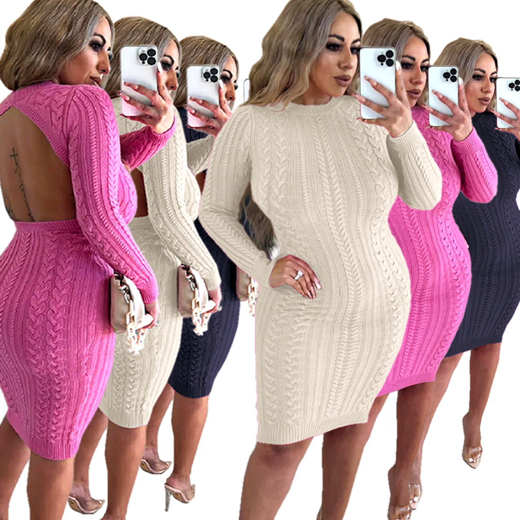 Robe pull femme couleur unie sexy mode robe en maille_voghion.com