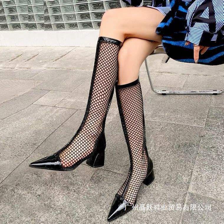 여름 여성 부츠 2025 신상 메쉬 부츠 중공 샌들 메쉬 다용도 통기성 얇은 부츠 두꺼운 굽 하이 부츠