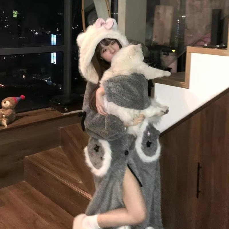 2025新款睡衣珊瑚凯蒂猫睡袍冬季毛绒加厚甜美清新长款家居服外穿|undefined