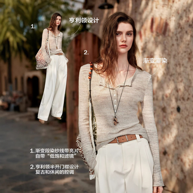 Hong Kong and American Apparel/Henry Collar Sequin Knit Sweater for Women 2026 Spring New Hollow Out Sequin Top Hong Kong and American Apparel/Henry Collar Sequin Knit Sweater for Women 2026 Spring New Hollow Out Sequin Top