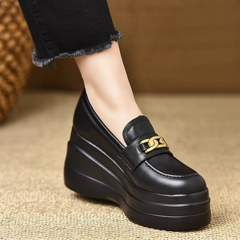 Uncle Xiong handmade women's shoes 8.5cm~spring wedge waterproof platform new heightening retro round toe patent leather black women