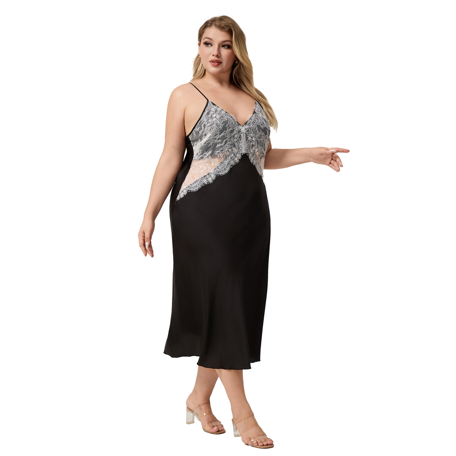 Yaoting transfronterizo de tamaño grande satén cabina pijama mujer verano damas encaje sexy pijama ropa larga para el hogar CQ3816