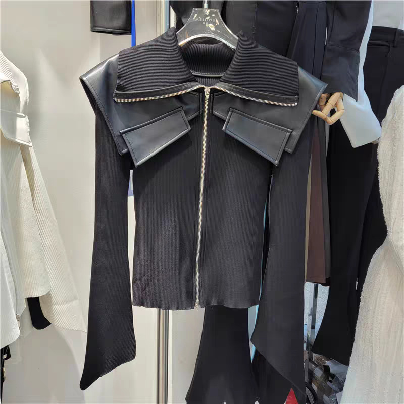 2025早秋新款女时尚高级感气质毛衣针织衫拼接皮大翻领短款外套女