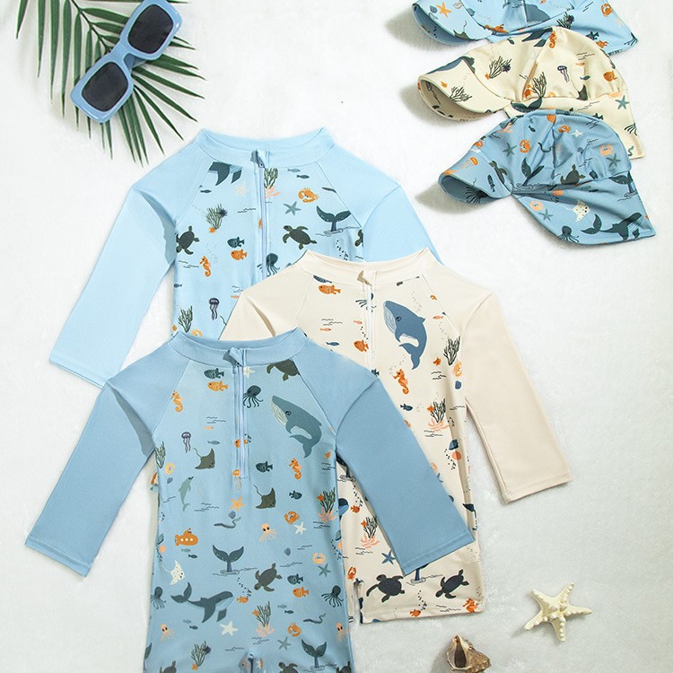 Children's Ins Seaside Vacation One-Piece Swimsuit for Boys and Girls Baby Cartoon Swimsuit Baby Sun Protection Quick-Drying Swimsuit