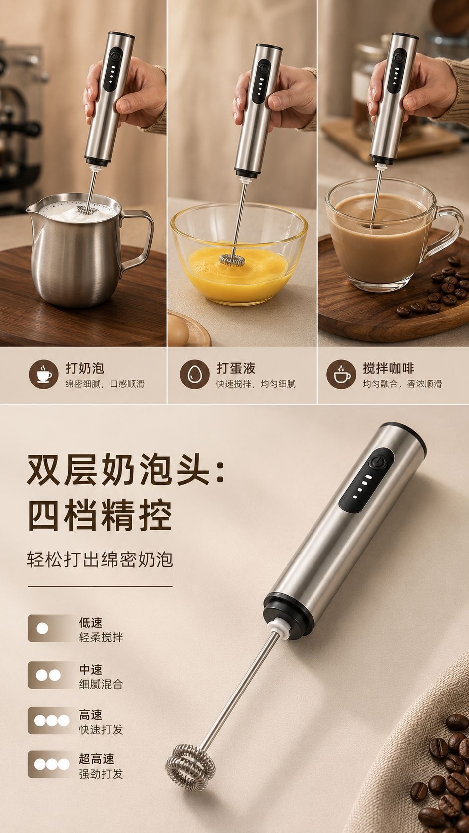 跨境不锈钢电动奶泡器手持搅拌器打蛋器充电咖啡奶泡打发器搅拌棒