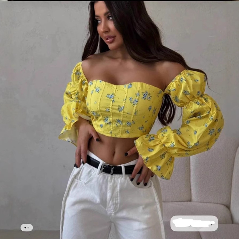 Hot Girl One-Shoulder Tube Top Long-Sleeved Shirt Design Niche Scheming Backless Sweet Floral Short Style Top