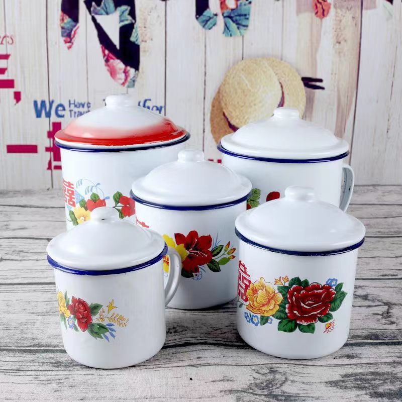 Taza de esmalte nostálgica clásica, taza de té de hierro con tapa, gran oficina, hotel, boda de doble felicidad pasada de moda, taza de agua con flores
