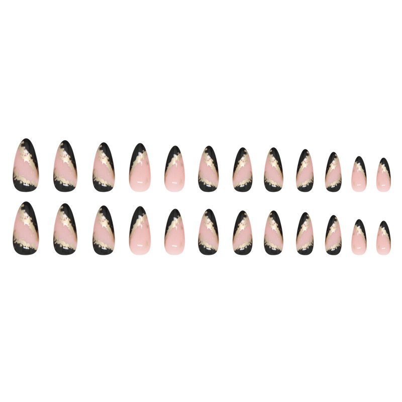 Produits pour ongles portables, Style Instagram, noir frais, français, irrégulier, feuille d'or, amande nacrée_voghion.com