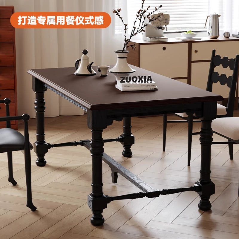 French Solid Wood Dining Table, Medieval Black Nanyang Style Retro Home Long Table, American Country Villa Rectangular Dining Table