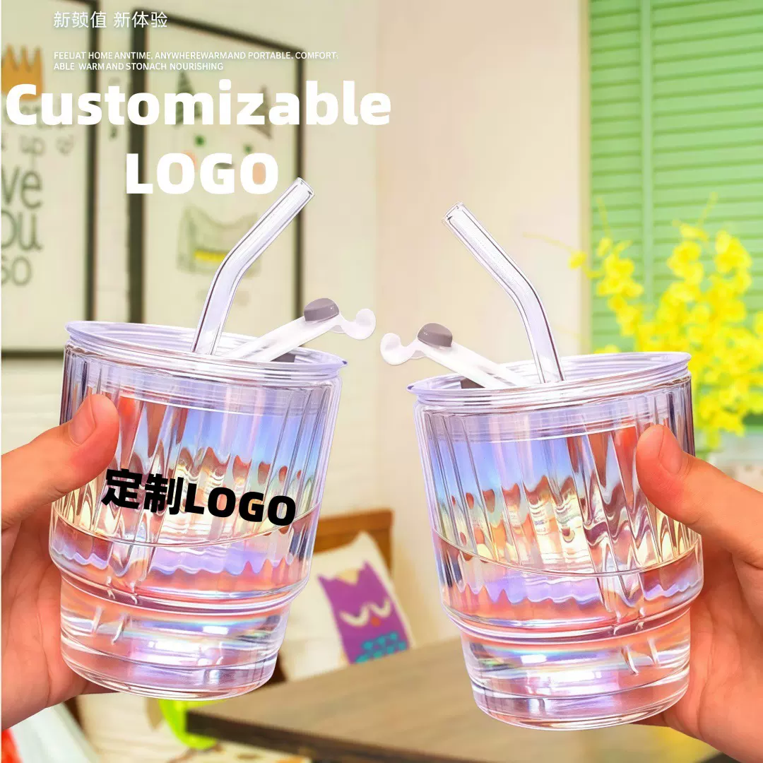 跨境炫彩玻璃竹节杯女高颜值吸管杯子 ins风伴手礼品杯咖啡杯水杯