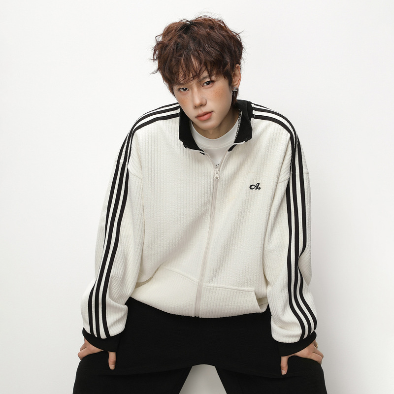 Color-Blocked Vertical Stripe Texture Cardigan Sweatshirt for Men, Spring Season, Heavy Texture, Stand Collar, Loose Fit, Sports Casual Jacket