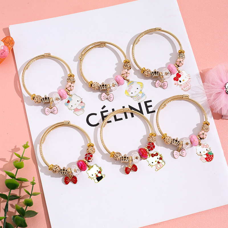 Stainless Steel Bow Beaded Bracelet for Female Friends Cartoon Hello Kitty Sanrio Pendant Bracelet Jewelry