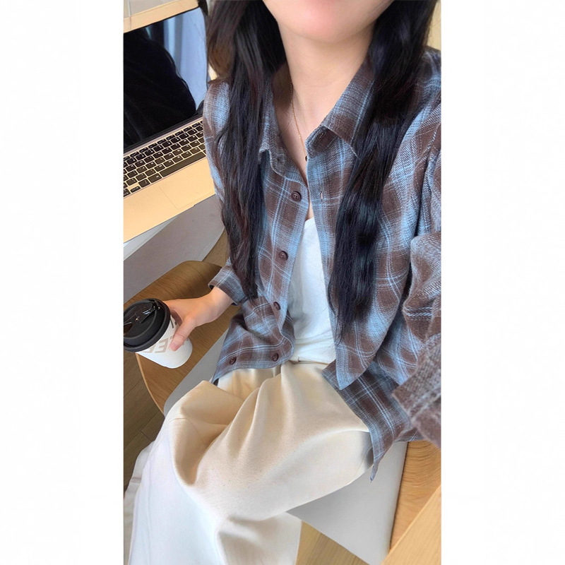 Blue Coffee Color Brushed Plaid Shirt Women's Autum New Korean Style Loose Lazy Design Casual Shirt Sun Protection Jacket Blue Coffee Color Brushed Plaid Shirt Women's Autum New Korean Style Loose Lazy Design Casual Shirt Sun Protection Jacket